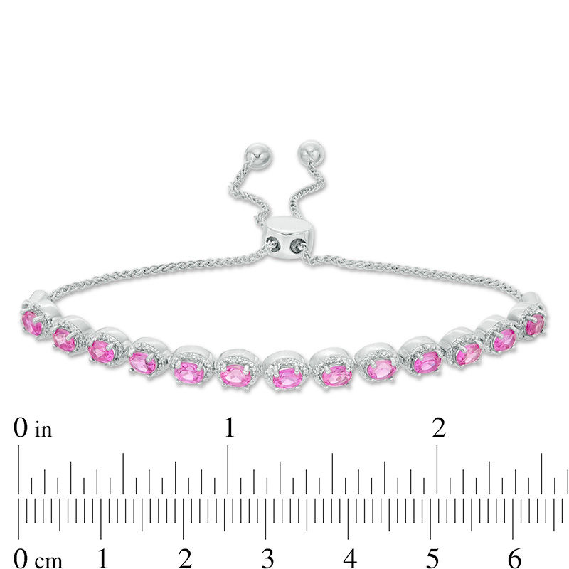 Oval Lab-Created Pink Sapphire and 0.086 CT. T.W. Diamond Frame Bolo Bracelet in Sterling Silver - 9.5"