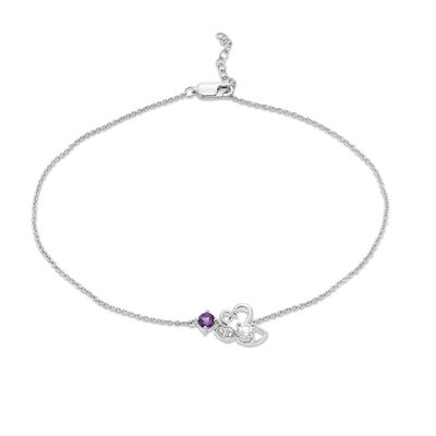 Amethyst and Lab-Created White Sapphire Kissing Swans Anklet in Sterling Silver - 10"