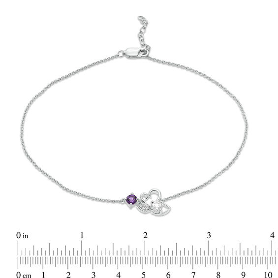 Amethyst and Lab-Created White Sapphire Kissing Swans Anklet in Sterling Silver - 10"