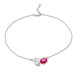 Oval Lab-Created Ruby and White Sapphire Scrolling Vine Anklet in Sterling Silver - 10&quot;