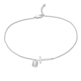 6.0mm Lab-Created White Sapphire Solitaire Dangle Sideways Cross Anklet in Sterling Silver - 10&quot;