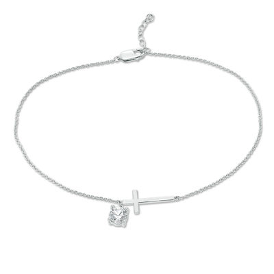 6.0mm Lab-Created White Sapphire Solitaire Dangle Sideways Cross Anklet in Sterling Silver - 10"