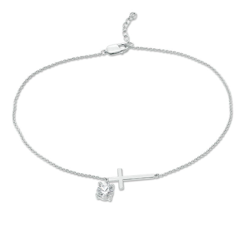 6.0mm Lab-Created White Sapphire Solitaire Dangle Sideways Cross Anklet in Sterling Silver - 10"|Peoples Jewellers