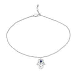 Lab-Created Blue Sapphire Solitaire Hamsa Dangle Anklet in Sterling Silver - 10&quot;