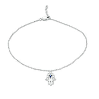 Lab-Created Blue Sapphire Solitaire Hamsa Dangle Anklet in Sterling Silver - 10"