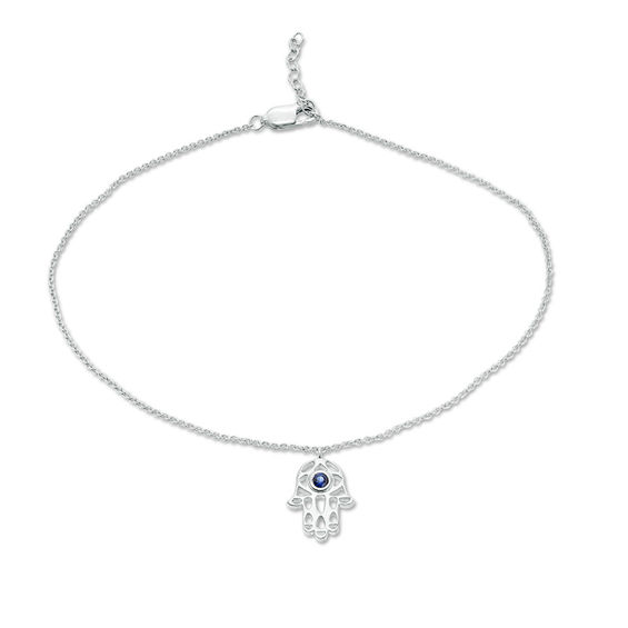 Lab-Created Blue Sapphire Solitaire Hamsa Dangle Anklet in Sterling Silver - 10"