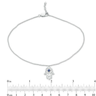 Lab-Created Blue Sapphire Solitaire Hamsa Dangle Anklet in Sterling Silver - 10"