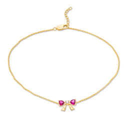 4.0mm Heart-Shaped Lab-Created Ruby and White Sapphire Bow Anklet in 10K Gold - 10&quot;