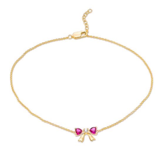 4.0mm Heart-Shaped Lab-Created Ruby and White Sapphire Bow Anklet in 10K Gold - 10"