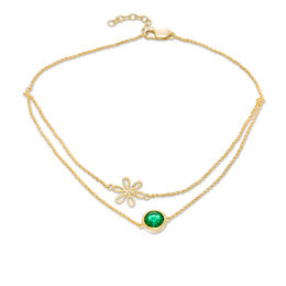 6.0mm Lab-Created Emerald Solitaire and Daisy Outline Double Strand Anklet in 10K Gold - 10&quot;