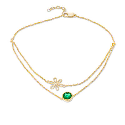 6.0mm Lab-Created Emerald Solitaire and Daisy Outline Double Strand Anklet in 10K Gold - 10"