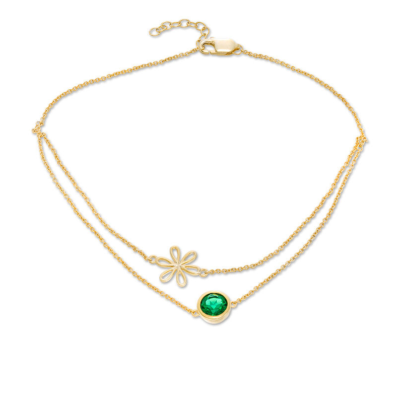 6.0mm Lab-Created Emerald Solitaire and Daisy Outline Double Strand Anklet in 10K Gold - 10"|Peoples Jewellers