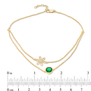 6.0mm Lab-Created Emerald Solitaire and Daisy Outline Double Strand Anklet in 10K Gold - 10"