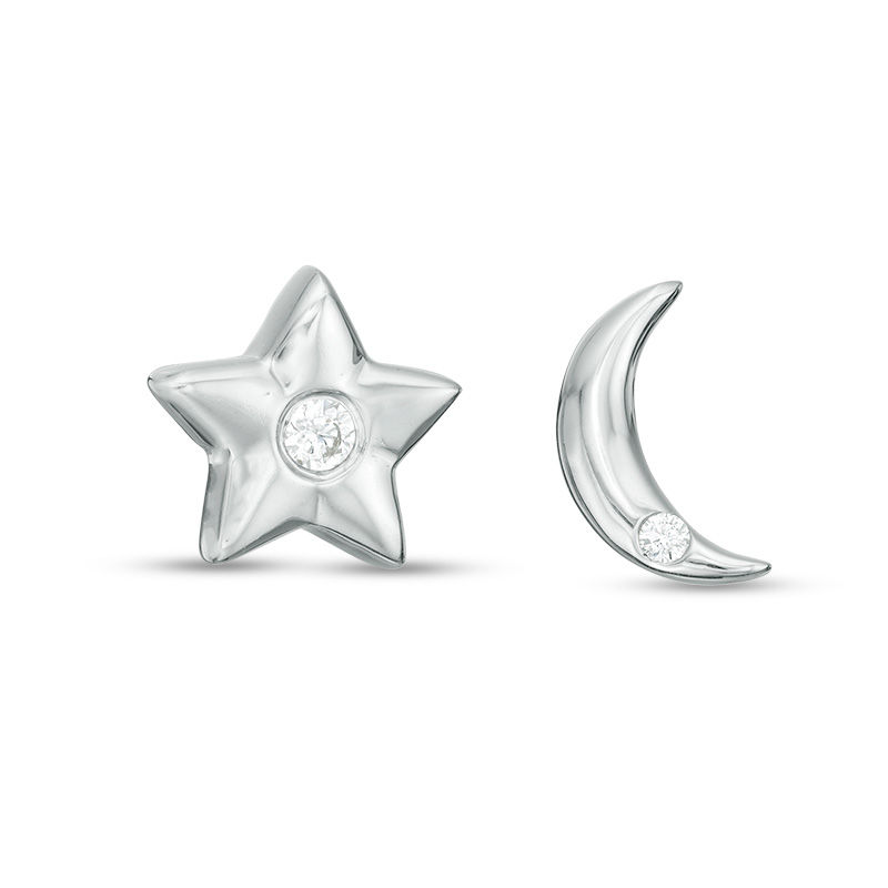 0.04 CT. T.W. Diamond Moon and Star Mismatch Stud Earrings in Sterling Silver|Peoples Jewellers