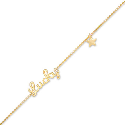 Script "Lucky" with Offset Star Dangle Anklet in 10K Gold - 10"