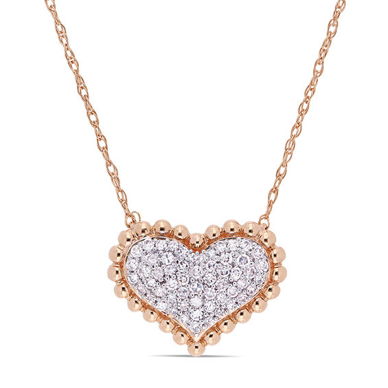 0.23 CT. T.W. Diamond Beaded Frame Heart Necklace in 10K Rose Gold - 17"