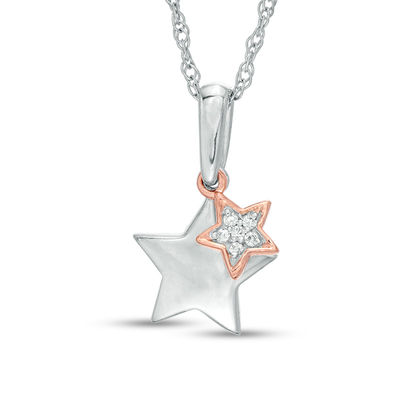 Diamond Accent Double Star Pendant in Sterling Silver and 10K Rose Gold