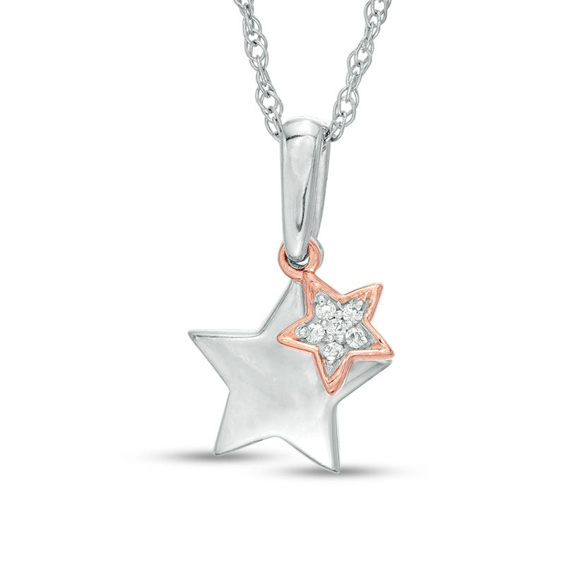 Diamond Accent Double Star Pendant in Sterling Silver and 10K Rose Gold|Peoples Jewellers