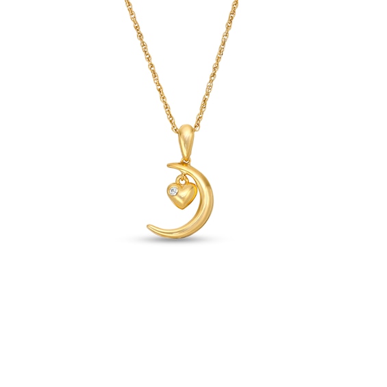 Diamond Accent Solitaire Crescent Moon and Heart Charm Pendant in 10K Gold