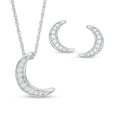 0.29 CT. T.W. Diamond Crescent Moon Pendant and Stud Earrings Set in Sterling Silver