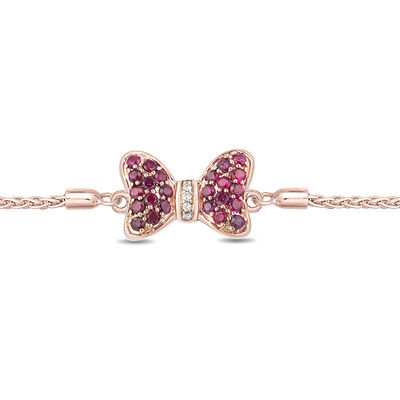 Mickey Mouse & Minnie Mouse Garnet and Diamond Accent Bow Bolo Bracelet in 10K Rose Gold - 8.5"