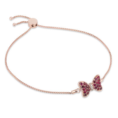 Mickey Mouse & Minnie Mouse Garnet and Diamond Accent Bow Bolo Bracelet in 10K Rose Gold - 8.5"