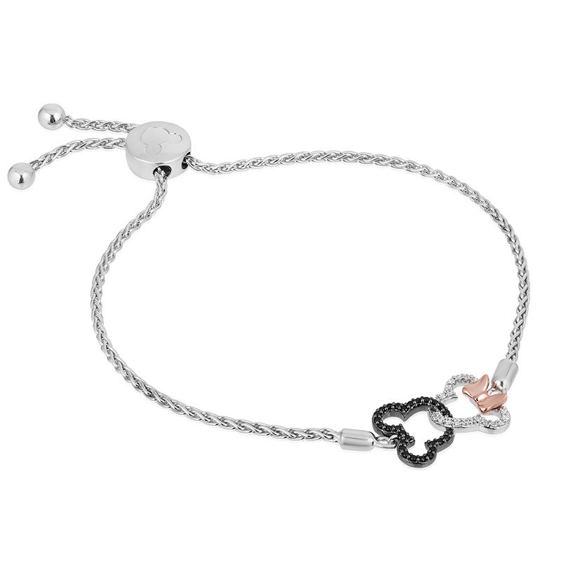 Mickey Mouse & Minnie Mouse 0.18 CT. T.W. Diamond Interlocking Bolo Bracelet in Sterling Silver and 10K Rose Gold - 8.5"|Peoples Jewellers