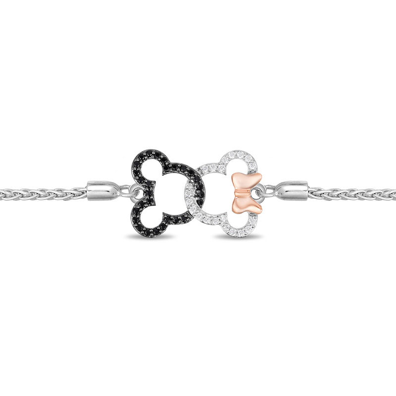 Mickey Mouse & Minnie Mouse 0.18 CT. T.W. Diamond Interlocking Bolo Bracelet in Sterling Silver and 10K Rose Gold - 8.5"|Peoples Jewellers