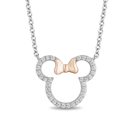 Mickey Mouse & Minnie Mouse 0.18 CT. T.W. Diamond Outline Necklace in Sterling Silver and 10K Rose Gold - 17.5"