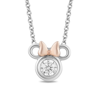 Mickey Mouse & Minnie Mouse 0.23 CT. Diamond Solitaire Pendant in Sterling Silver and 10K Rose Gold - 19"