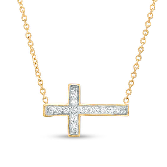 0.10 CT. T.W. Diamond Sideways Cross Necklace in 10K Gold - 17"