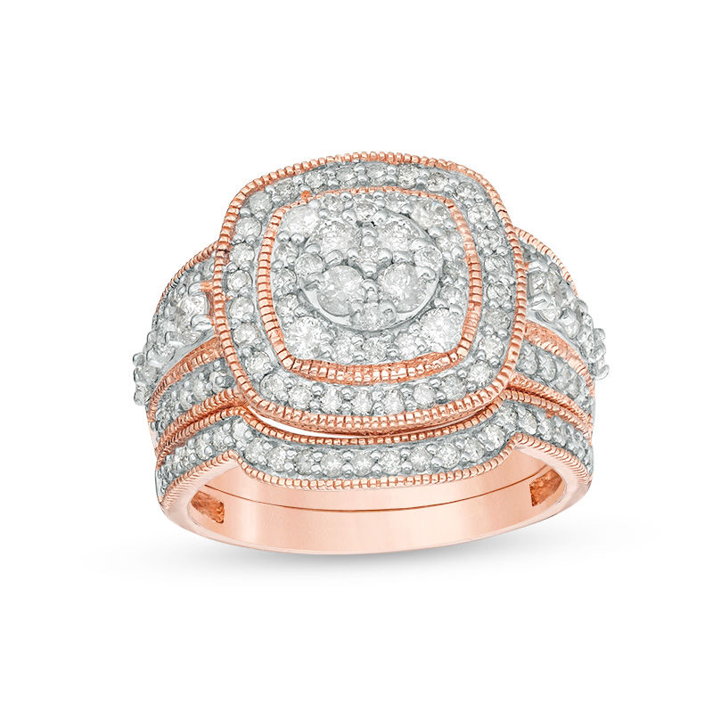 1.45 CT. T.W. Composite Diamond Double Cushion Frame Vintage-Style Bridal Set in 10K Rose Gold|Peoples Jewellers