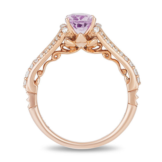 Enchanted Disney Rapunzel Oval Rose de France Amethyst and 0.32 CT. T.W. Diamond Engagement Ring in 14K Rose Gold