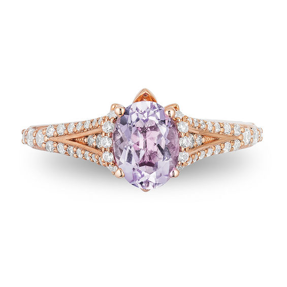 Enchanted Disney Rapunzel Oval Rose de France Amethyst and 0.32 CT. T.W. Diamond Engagement Ring in 14K Rose Gold