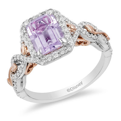 Enchanted Disney Rapunzel Rose de France Amethyst and 0.32 CT. T.W. Diamond Frame Engagement Ring in 14K Two-Tone Gold