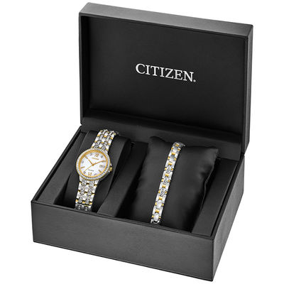 Ladies' Citizen Eco-Drive® Crystal Accent Two-Tone Watch with Silver-Tone Dial and Bracelet Box Set (Model: EW2344-65A)