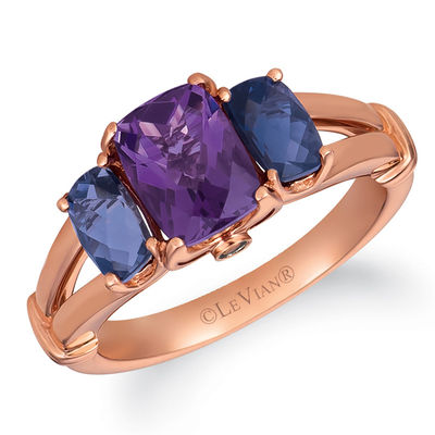 Le Vian® Cushion-Cut Grape Amethyst™, Iolite and Chocolate Diamonds® Accent Three Stone Ring in 14K Strawberry Gold™