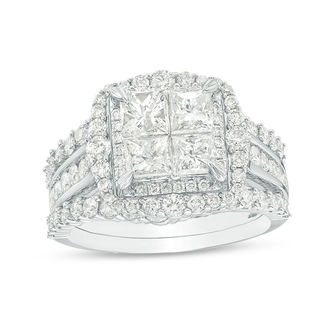 3.06 CT. T.W. Quad Princess-Cut Diamond Frame Three Piece Bridal Set in 14K White Gold