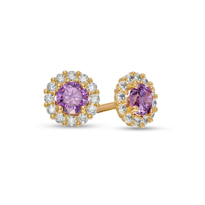 Child's Purple and White Cubic Zirconia Frame Stud Earrings in 10K Gold