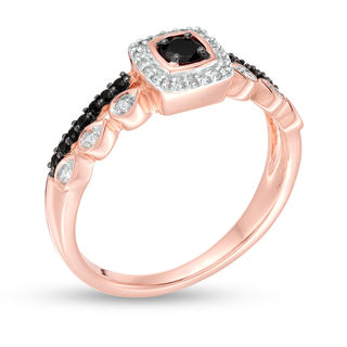 3.3mm Black Spinel and 0.085 CT. T.W. Diamond Cushion Frame Double Row Ring in 10K Rose Gold