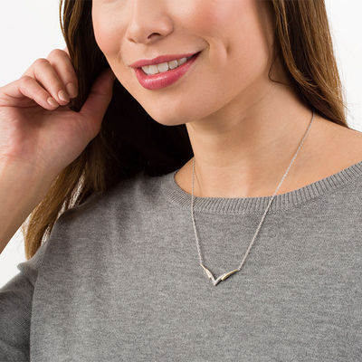 0.18 CT. T.W. Enhanced Black and White Diamond Reversible "V" Necklace in Sterling Silver and 10K Gold - 16.96"