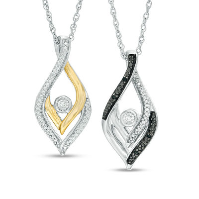 0.145 CT. T.W. Enhanced Black and White Diamond Reversible Flame Pendant in Sterling Silver and 10K Gold