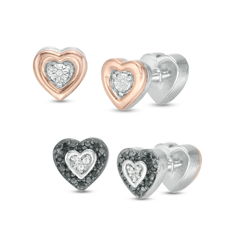 0.116 CT. T.W. Enhanced Black and White Diamond Reversible Heart Stud Earrings in Sterling Silver and 10K Rose Gold|Peoples Jewellers