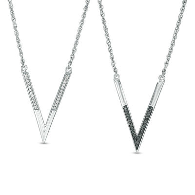 0.146 CT. T.W. Enhanced Black and White Diamond Reversible Deep "V" Necklace in Sterling Silver - 17.06"