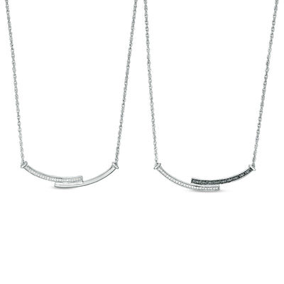 0.18 CT. T.W. Enhanced Black and White Diamond Reversible Curved Bypass Bar Necklace in Sterling Silver - 16.58"