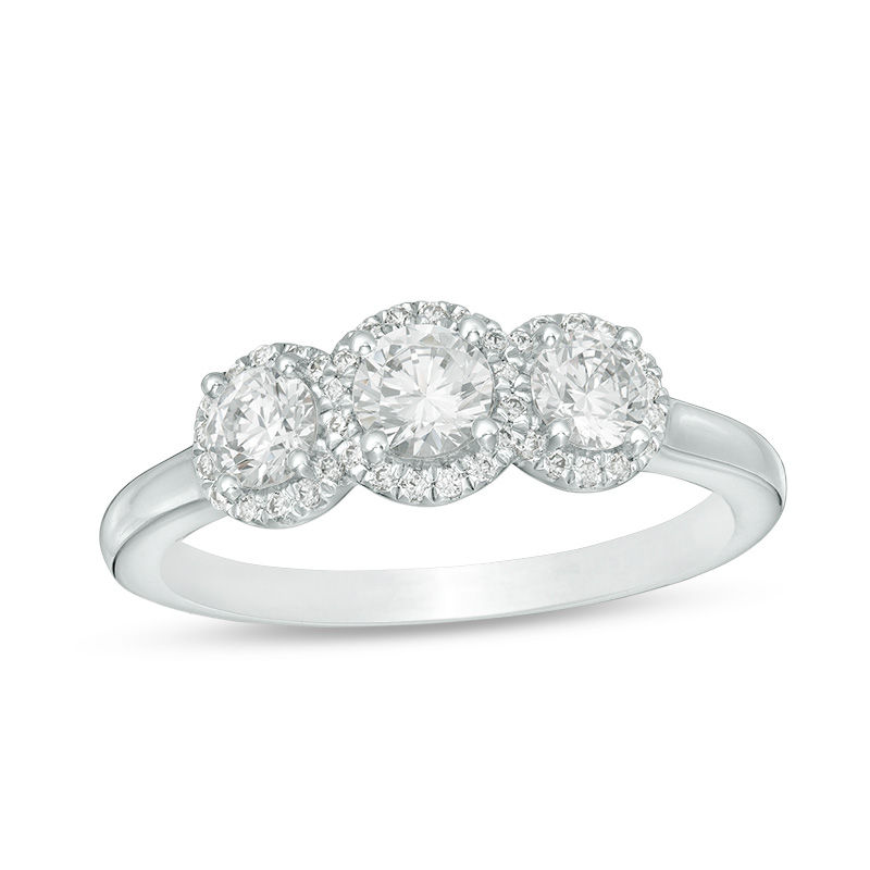 0.95 CT. T.W. Certified Canadian Diamond Frame Three Stone Engagement Ring in 14K White Gold (I/I1)|Peoples Jewellers