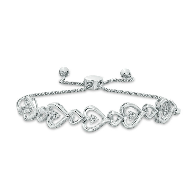Diamond Accent Sideways Multi-Hearts Bolo Bracelet in Sterling Silver - 9.5"|Peoples Jewellers