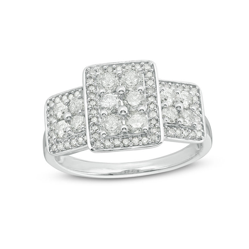 0.95 CT. T.W. Composite Diamond Three Stone Frame Engagement Ring in Sterling Silver|Peoples Jewellers