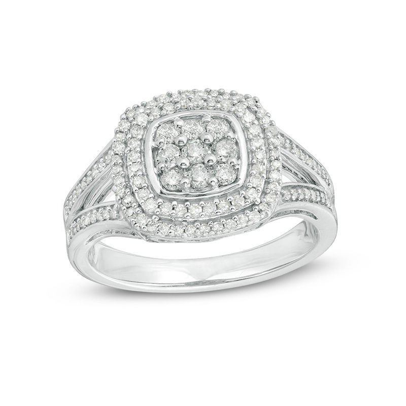 0.45 CT. T.W. Composite Diamond Double Cushion Frame Split Shank Engagement Ring in Sterling Silver|Peoples Jewellers