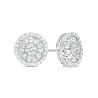 Baguette and Round Cubic Zirconia Frame Stud Earrings in Sterling Silver